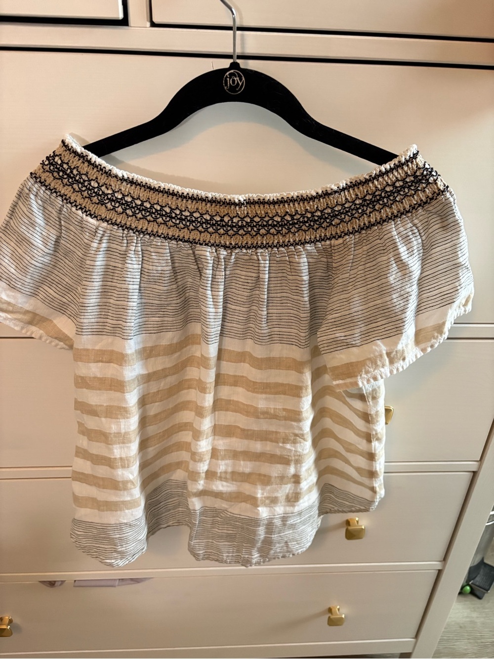 Vineyard Vines Off-Shoulder Striped Smocked Top in Cream and Tan